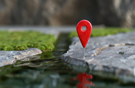red map pin on rock with moss and reflectionの素材