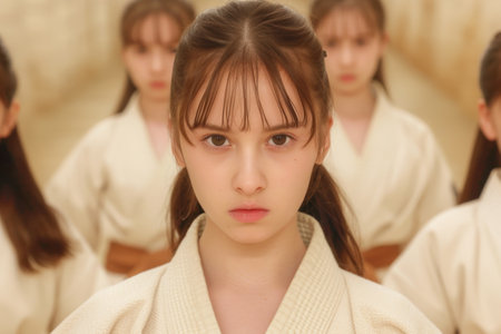 young girl in martial arts uniform with serious expressionの素材