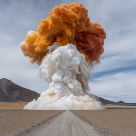 Dramatic volcanic eruption in remote desert landscapeの素材
