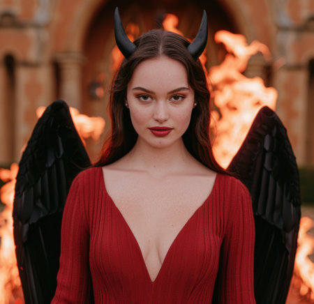Alluring woman in red dress with devil hornsの素材