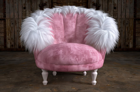 Cozy pink furry chair in rustic settingの素材