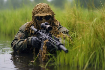 Camouflaged soldier with rifle in tall grassの素材