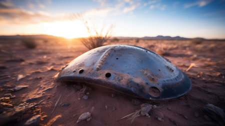 Weathered desert artifact at sunsetの素材