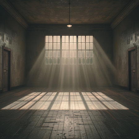 Abandoned room with sunlight streaming through windowsの素材