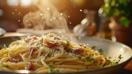 Steaming hot pasta dish with tomatoes and parmesanの素材