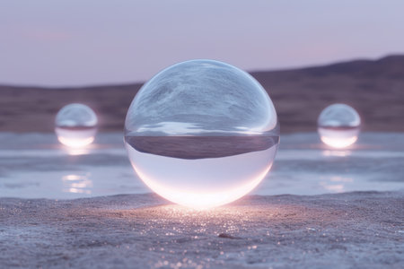 Surreal glass sphere reflecting sunset over serene lakeの素材