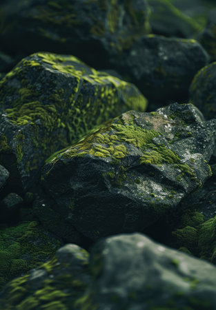 Mossy rocks in a lush, green forestの素材