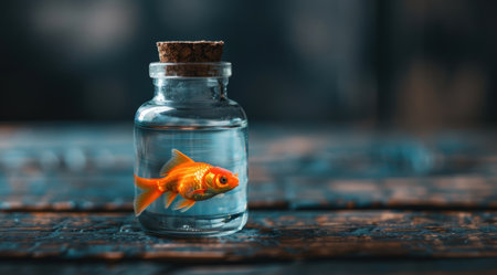 Vibrant goldfish swimming in glass jarの素材
