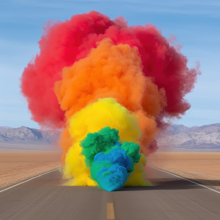 Colorful smoke explosion on desert roadの素材