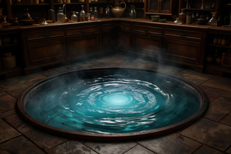 Tranquil water feature in rustic kitchen settingの素材