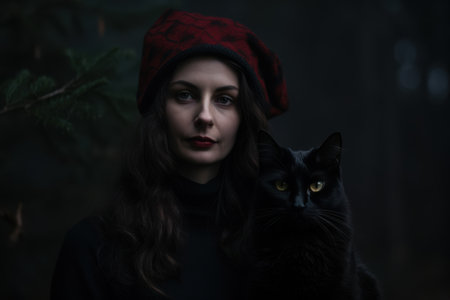 mysterious woman with black cat in dark forestの素材