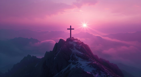 Majestic cross on snowy mountain peak at sunsetの素材