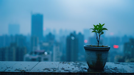 green plant in pot with city skyline in backgroundの素材