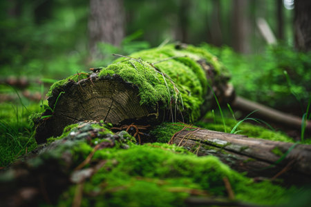 Lush green moss covering fallen tree trunk in forestの素材