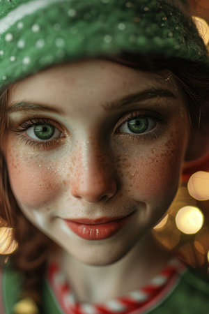 close-up portrait of a young woman with green eyes and frecklesの素材
