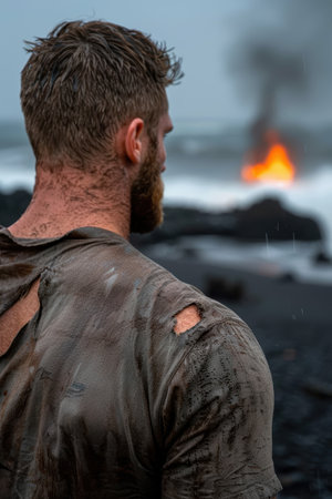 Rugged man in the rain gazing at a distant fireの素材