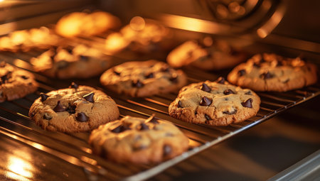 freshly baked chocolate chip cookies in ovenの素材
