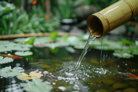 Pouring water into a tranquil garden pondの素材