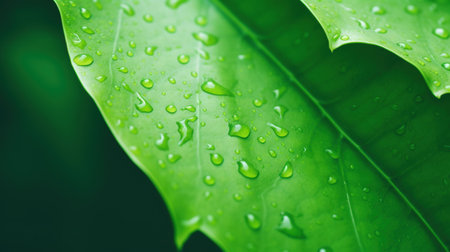 Close-up of green leaf with water dropletsの素材