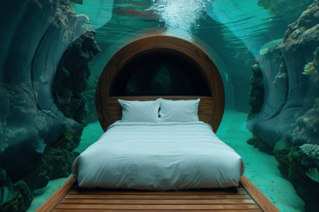 Underwater hotel room with turquoise water and coral reefの素材