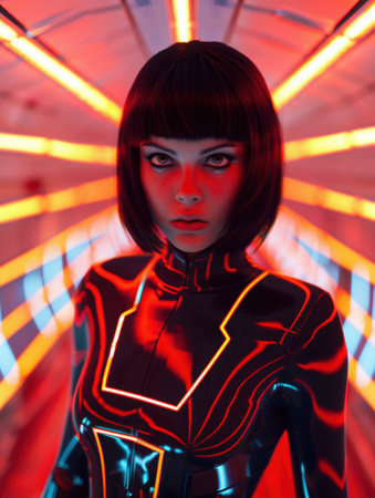 futuristic female cyborg in neon lightingの素材