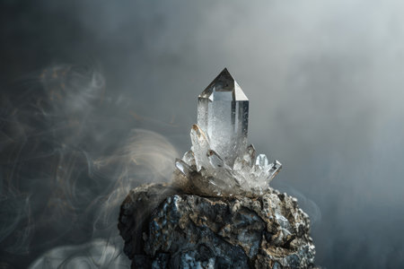 Mystical crystal quartz cluster on dark backgroundの素材