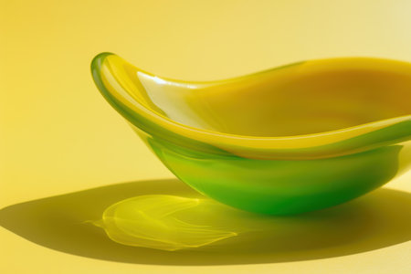 Vibrant yellow and green plastic bowls on a yellow backgroundの素材