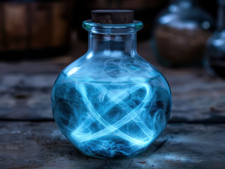 Mysterious blue smoke swirling in a glass bottleの素材