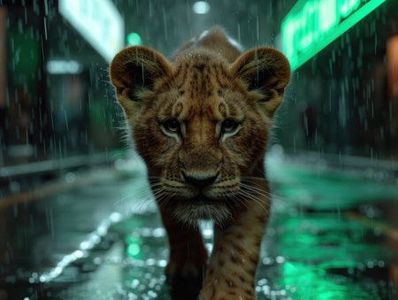 Majestic lion cub in the rainの素材