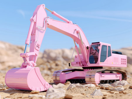 pink construction excavator on rocky terrainの素材