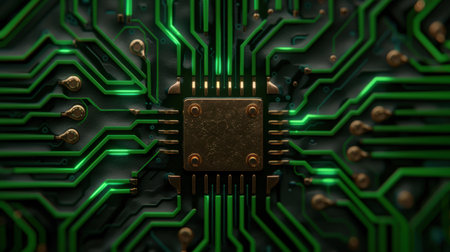 Close-up of a high-tech circuit board with green electronic componentsの素材