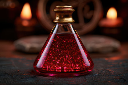 Glowing red glass perfume bottle on dark backgroundの素材