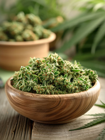 Freshly harvested cannabis buds in a wooden bowlの素材