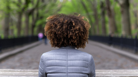 person with curly hair walking on pathの素材