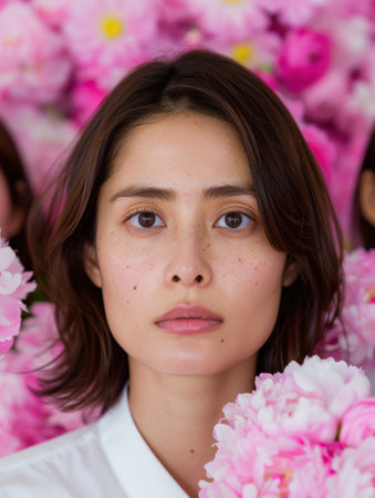 woman surrounded by pink flowersの素材