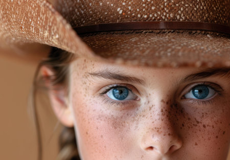 Closeup of a person with freckles and blue eyes wearing a hatの素材