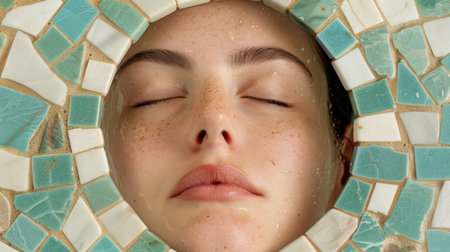 close-up of a person's face with eyes closed and skin covered in a green and white mosaic patternの素材
