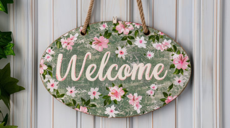 Floral welcome sign on wooden wallの素材