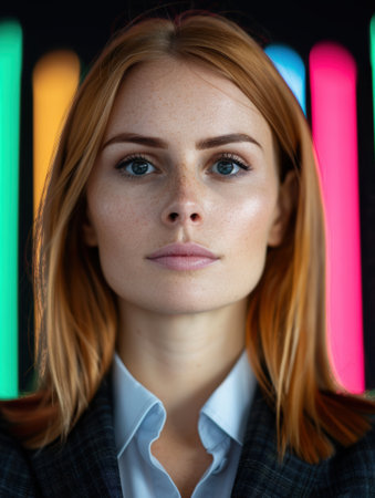 Thoughtful young woman with blonde hair and blue eyesの素材