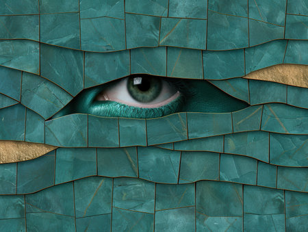 Emerald eye peering through cracked glassの素材