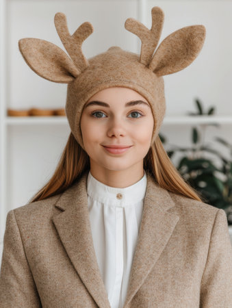 woman wearing deer antler hat smiling indoorsの素材
