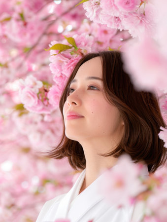 woman surrounded by pink cherry blossomsの素材
