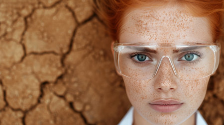 close-up portrait of a woman with freckles wearing safety glassesの素材
