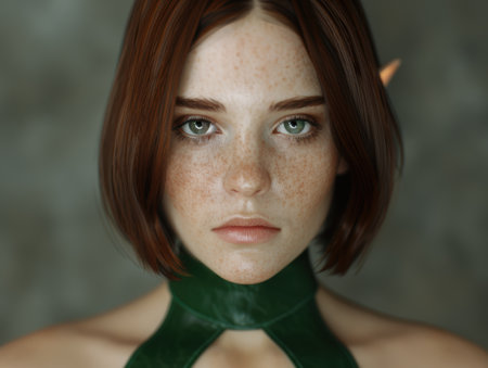 Pensive woman with freckles and green scarfの素材