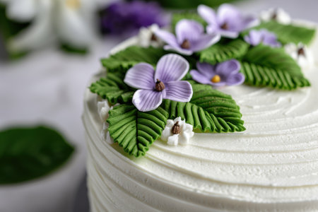 Decorative cake with purple flowers and green leavesの素材