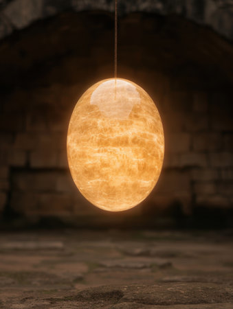 Glowing moon-like orb suspended in the night skyの素材