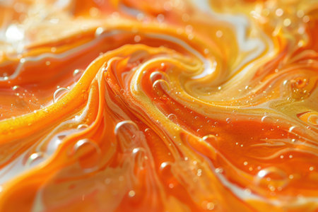 Vibrant orange liquid swirl with bubblesの素材