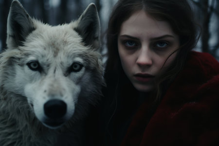 Mysterious woman with wolf in dark forestの素材