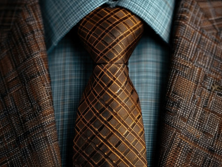 Close-up of a patterned necktie against a textured suit jacketの素材