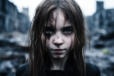 Intense gaze of a young woman with dark hair and facial bruisesの素材